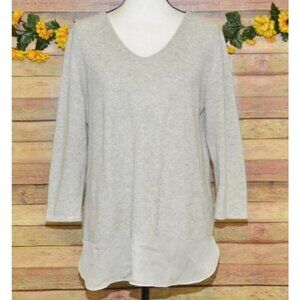 Neiman Marcus Cashmere Collection Neutral Beige Sweater Size L V-Neck Silk Hem